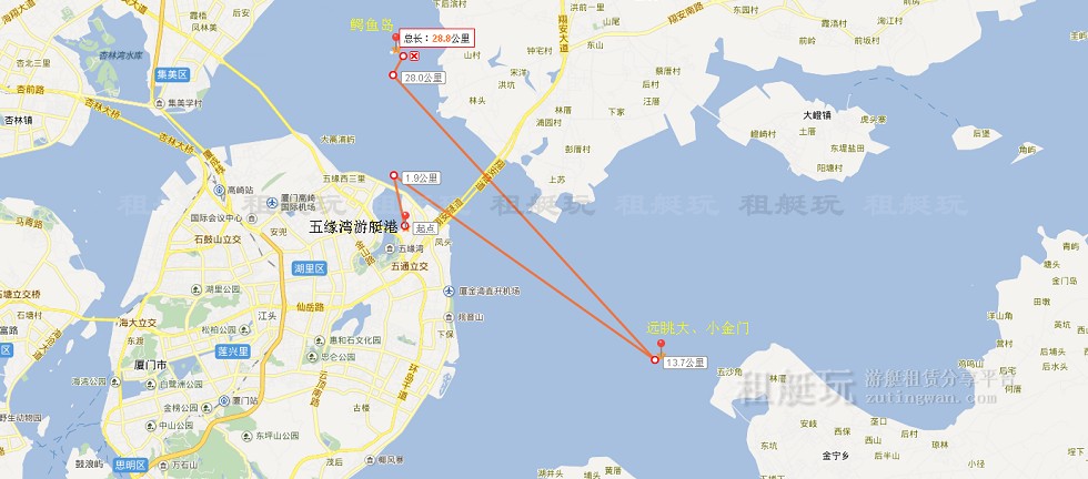 五緣灣游艇碼頭→大、小金門→鱷魚島→五緣灣游艇碼頭